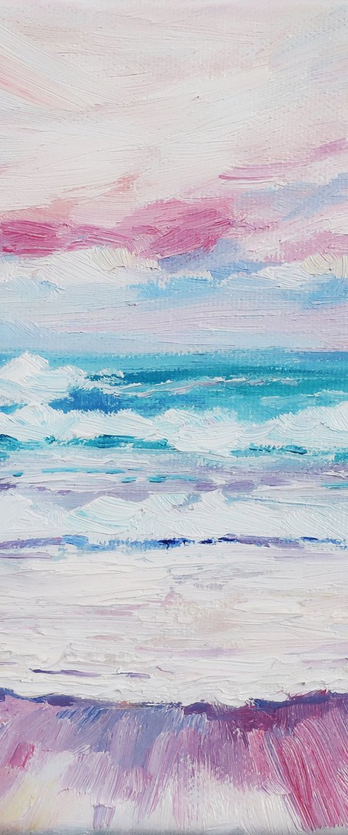 Oil painting Seascape Sea Pink Sunset by Anna Shchapova