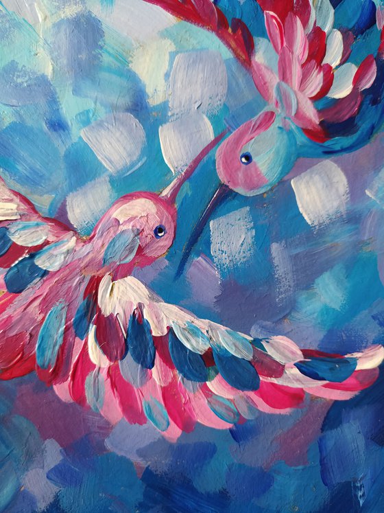 Lovers in flight - birds, hummingbirds, love, animals acrylic painting, art bird, impressionism, palette knife, gift.
