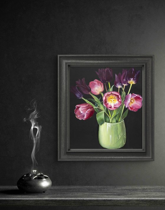 Velvet tulips in vase