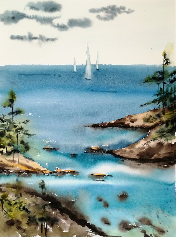 Sailboat painting. Seascape