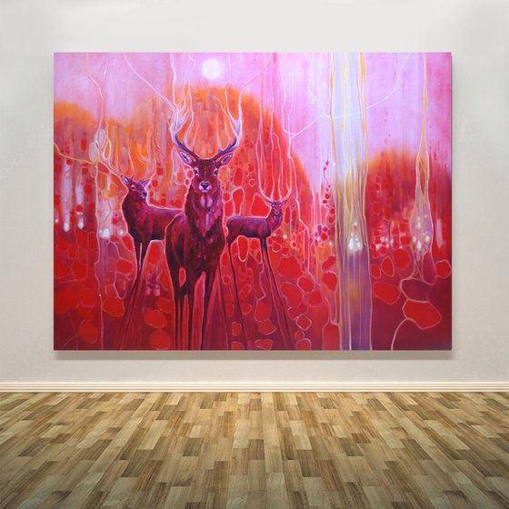 Red Magic - A Red painting with red deer at dawn