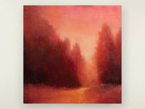 Misty Pink Sunset 210915, sunset impressionist landscape oil painting