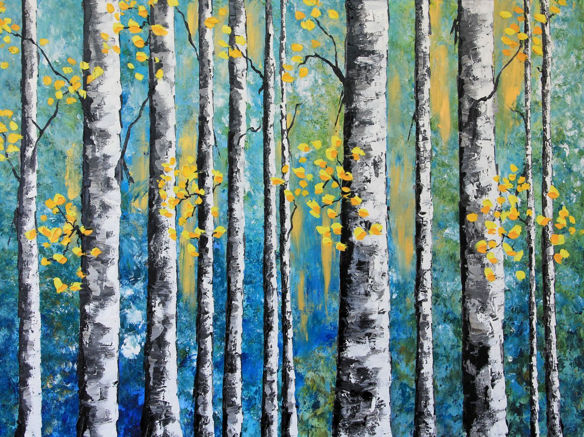 birches blue yellow Original Abstract Landscape Paintings From New Zealand by Olya Shevel