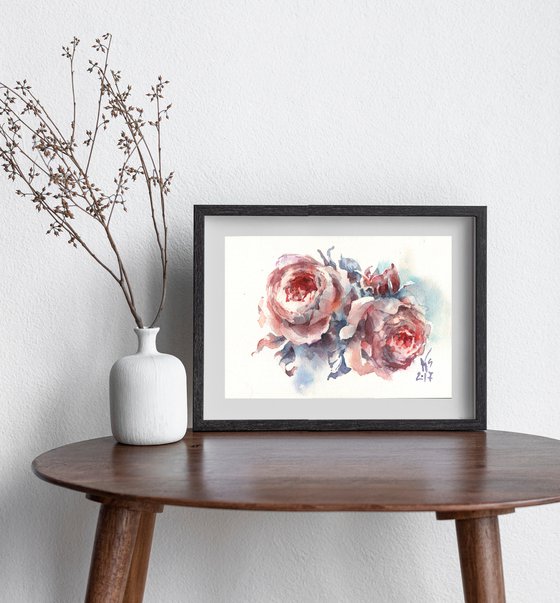 "Romantic composition with blooming English roses" original watercolor sketch small format