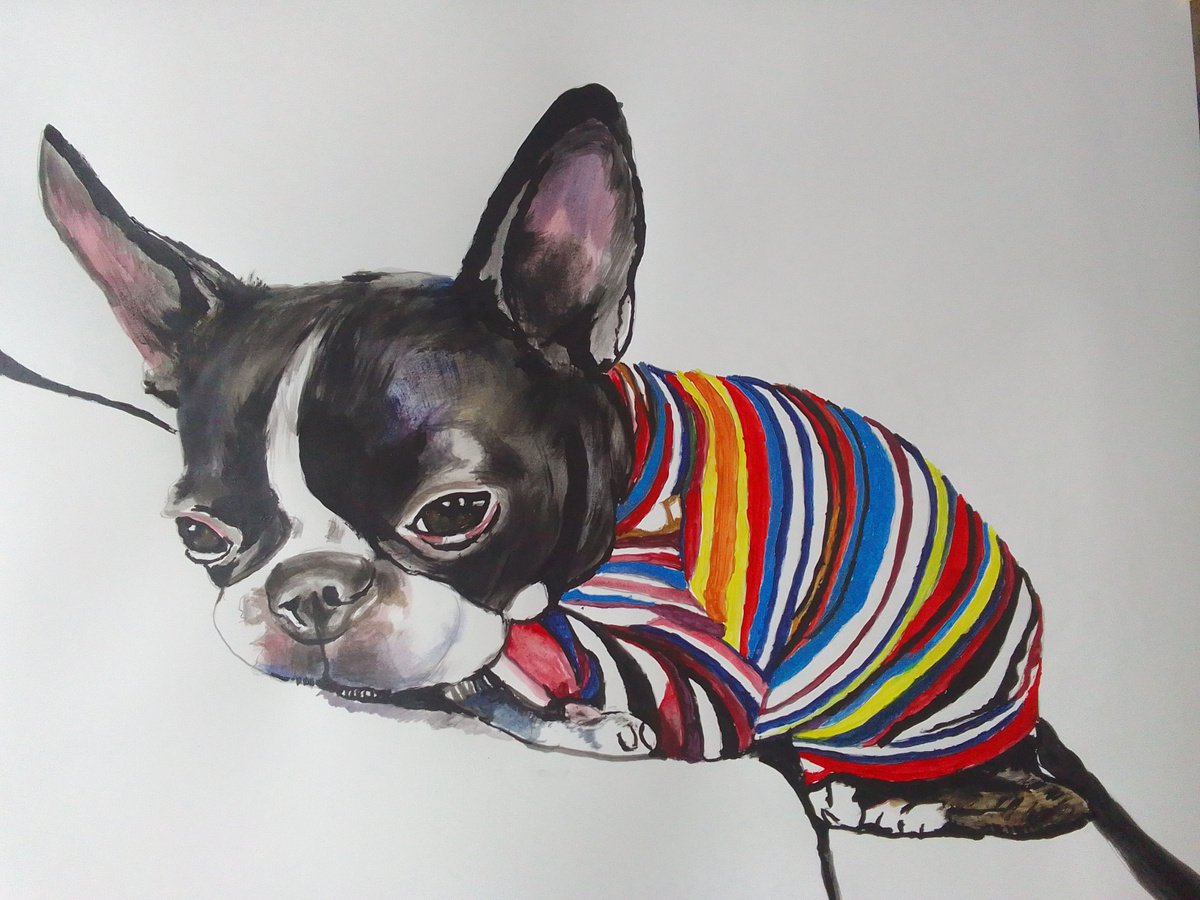 Photorealistic Animal Acrylic Painting By Soso Kumsiashvili, 31 X 24", French Bulldog