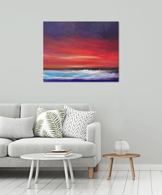 Day's End - Sunset, Seascape, Red, Skies - XL, Modern Art Office Decor Home