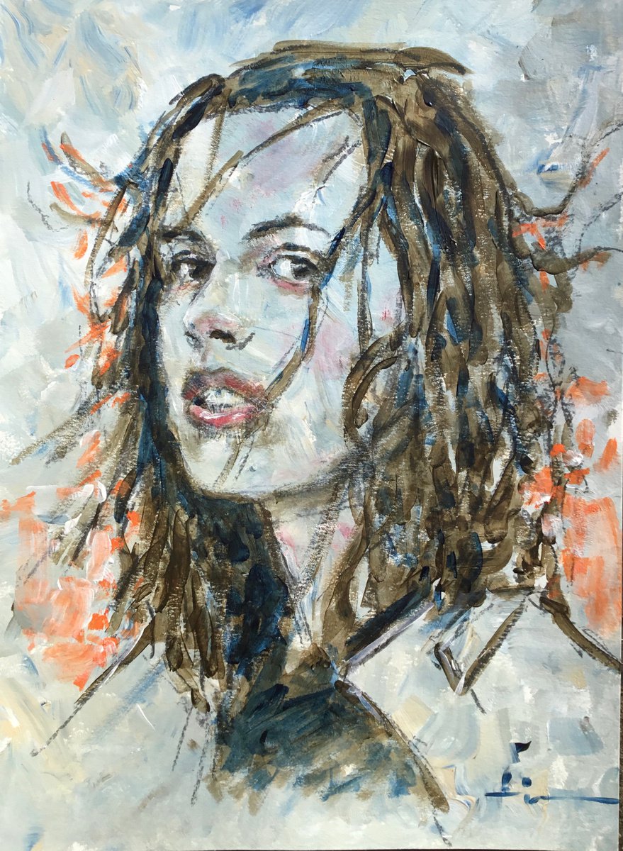 Expressive Portrait Acrylic Painting By Dominique Deve, 12 X 16, Sunset, Original Artwork