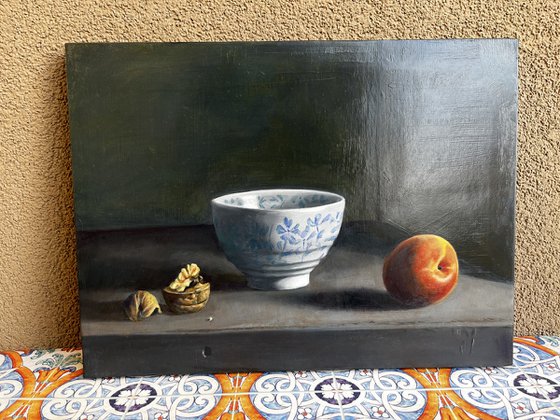 Grisaille Still Life: Peach and Walnuts