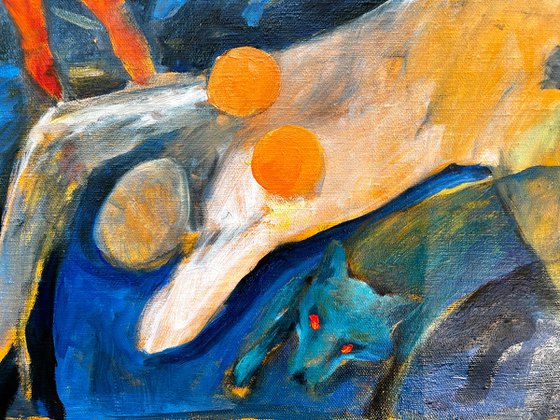 VILKTAKIS - indigo, blue and orange painting with wolves and people inspired by a Lithuanian myth
