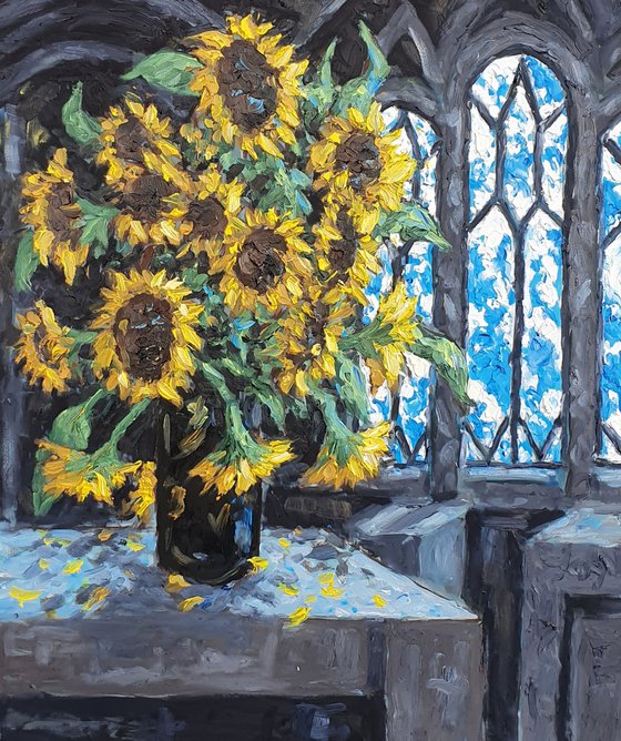 Sunflowers beside stained glass window II