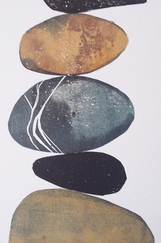 Zen stones - Twelve stones #10  ( banded balancing stones lino/monoprint)