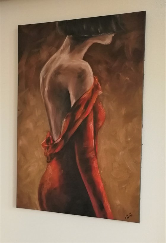 Beauty in red - original erotic oil on canvas painting
