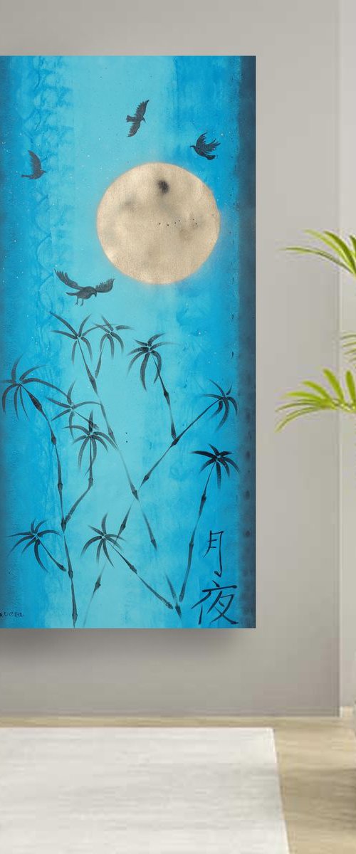 Japan Moon Night Turquoise gold painting 80×160 cm acrylic on unstretched canvas J097 art original artwork in japanese style by Ksavera