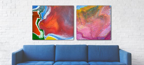 "Cracks and Bubbles" - Save As A Series - Original Large PMS Abstract Diptych Fluid Acrylic Paintings On Canvas - 66" x 30"