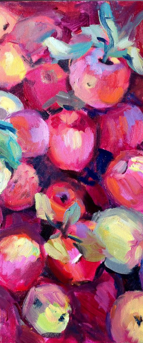 Red falls apples stilllife modern purple original fruits oil painting by Nataliia Nosyk
