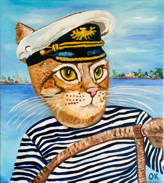 Troy The  Cat- Captain  oil painting for cat lovers.