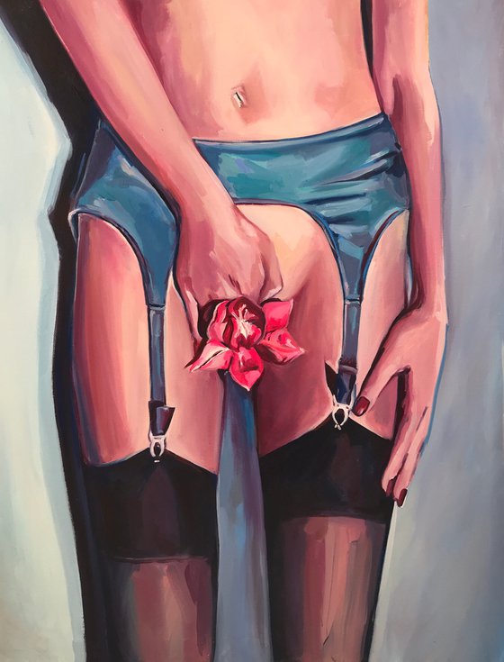 FLOWER - erotic art, original oil painting, naked woman, home decor