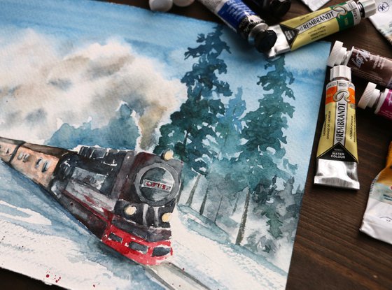 Winter train. Original watercolor artwork.