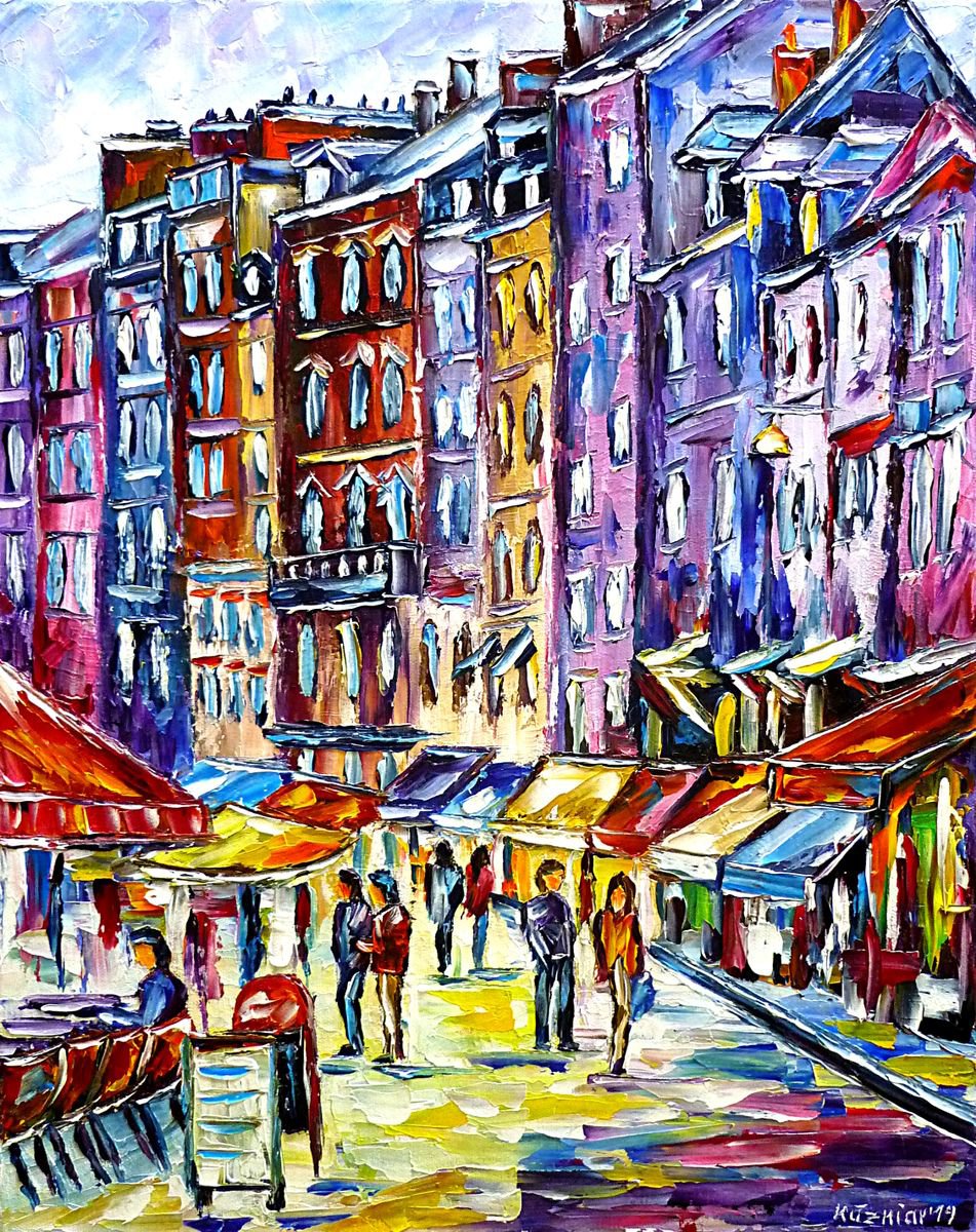 Expressive Cityscapes Oil Painting By Mirek Kuzniar, 16 X 20", Honfleur Walk, Original Artwork