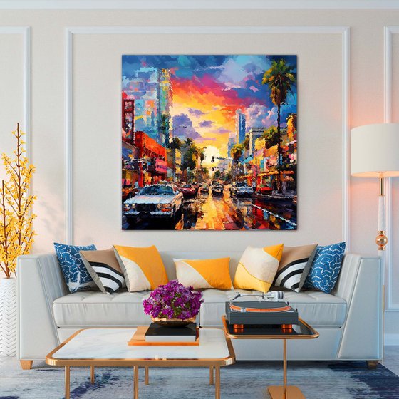 American street at sunset after the rain. Urban cityscene, colorful impressionistic landscape art. Large wall art home decor. Art Gift