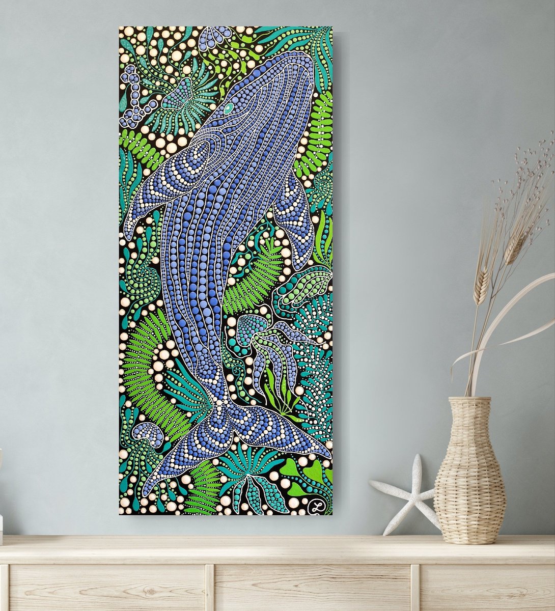 Expressive Landscape Acrylic Painting By Oxana Lazari, 16 X 35", Whale, Original Artwork
