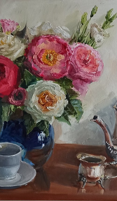 Roses pink flower bouquet in porcelain cobalt vase with Antique Metal Teapot by Leyla Demir