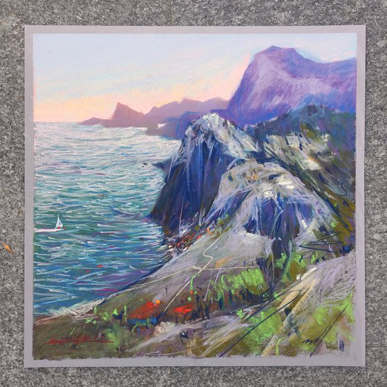 Ukrainian painting Sudak Crimea Mountains and sea landscape Soft pastel 19.6x19.6 inch (50x50 cm)