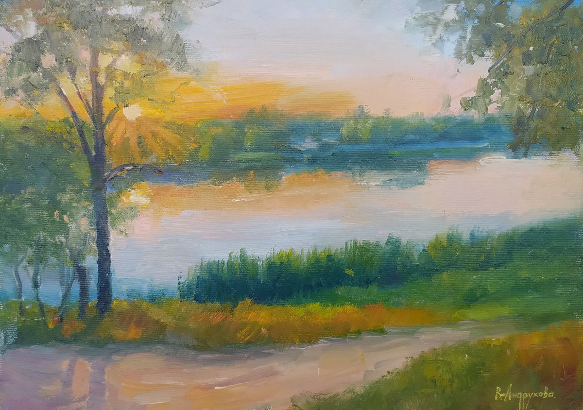 Sunset Over The River By Valentina Andrukhova, 15 X 11, Artwork For Sale On Artfinder