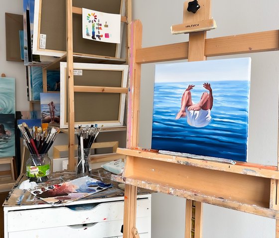 Jump - Diving Male Figure in Ocean Painting