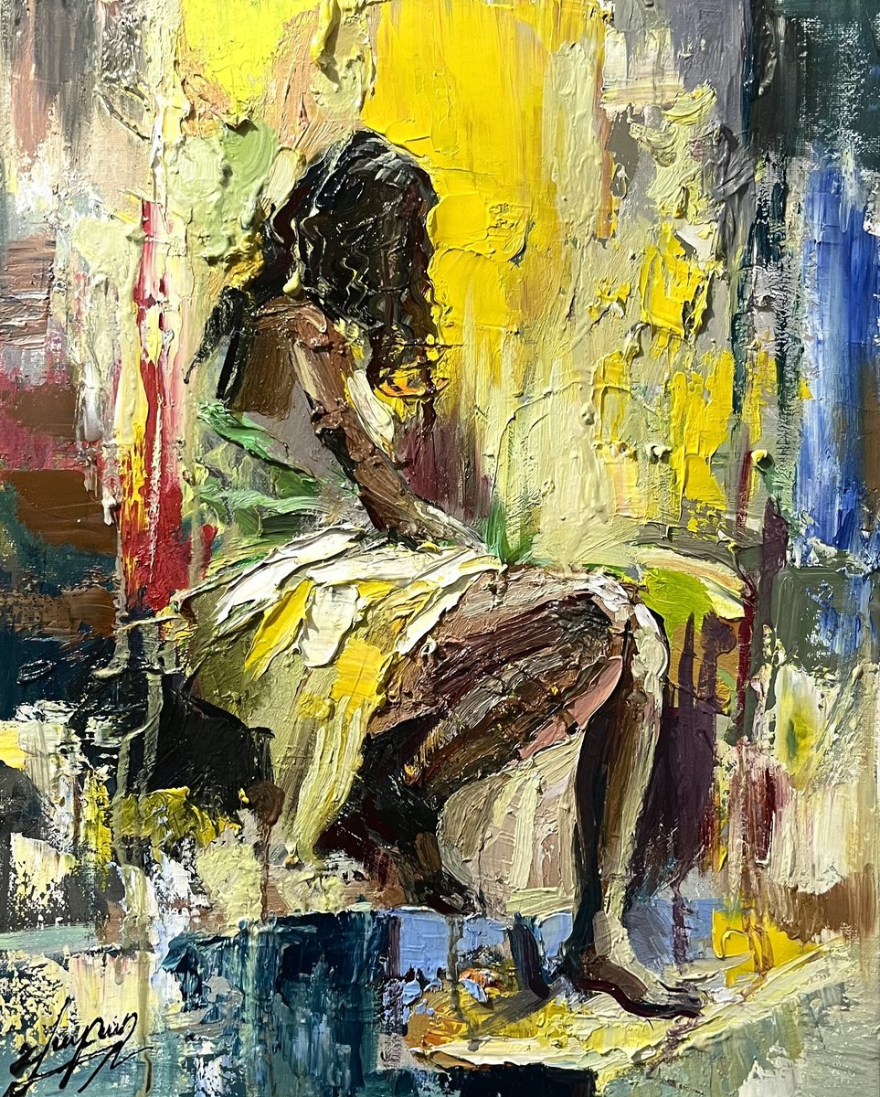 Impressionistic Portrait Oil Painting By Vahe Bagumyan, 16 X 20", She Waits Silently, Original Artwork