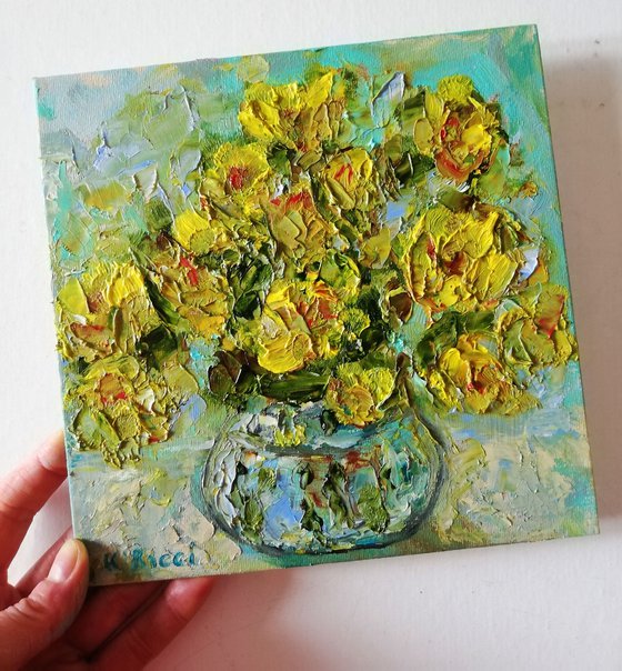 Yellow Flowers in Vase | Small Oil Painting on Canvas Board 8x8 in (20x20cm)