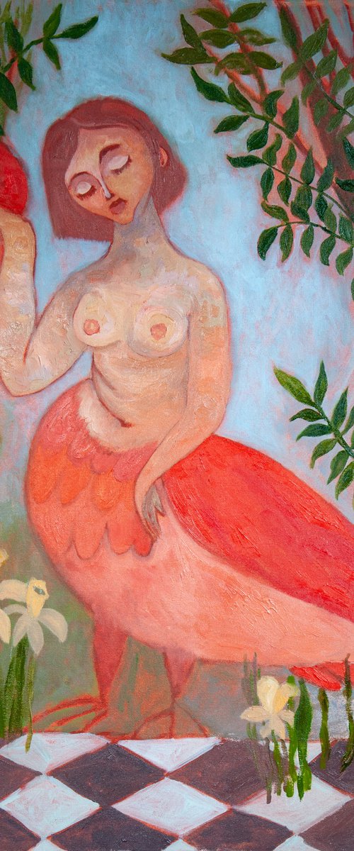 Sirens Art Modern Woman Nude, Bird Woman, canvas, oil - Garden guards 63x90 cm by Dasha Pogodina