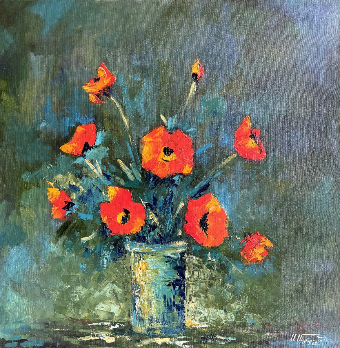 Impressionistic Botanical Oil Painting By Arto Mkrtchyan, 24 X 24, Vase Of Wild Poppies, Original Artwork
