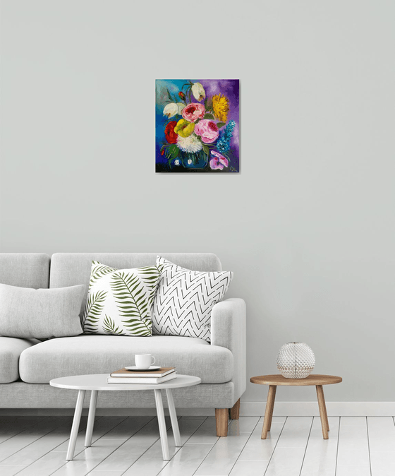 BOUQUET OF SUMMER FLOWERS    palette knife modern Still life Dutch style office home decor gift