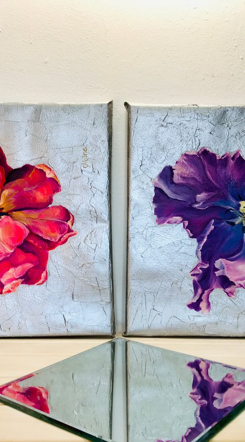 set of 2 flowers oil artworks, purple pink flower, violet gallery wall art, small original oil art on canvas, floral wall decor by Olga Volna
