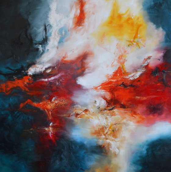 Solar flares II - 60"x60" square red and blue abstract painting