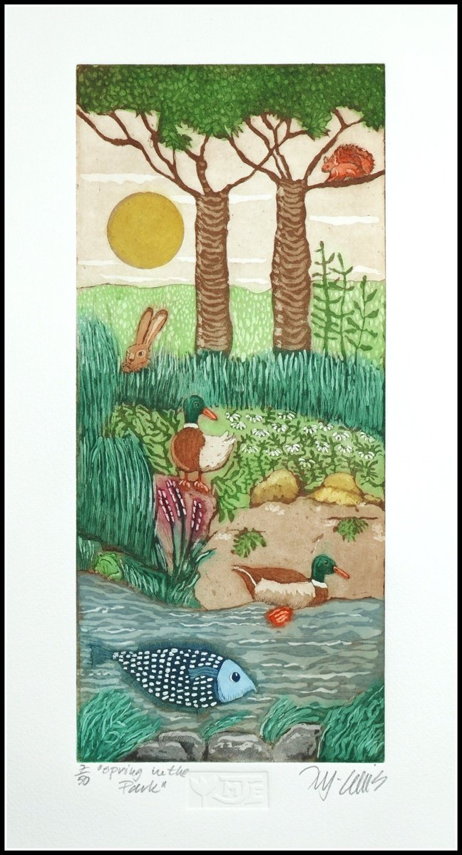 Illustrative Etchings & Engravings , Spring In The Park By Mariann Johansen-Ellis, 9 X 17, Artwork For Sale On Artfinder