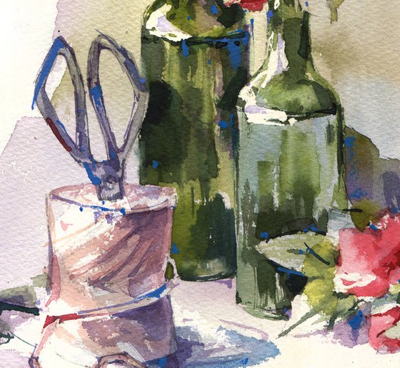 "Afternoon in a summer garden" still life with roses and green bottles