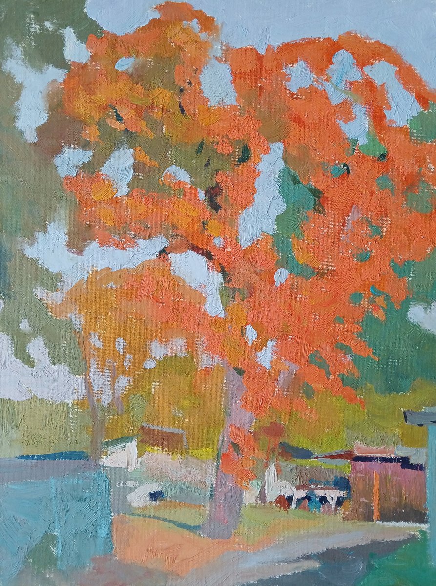 Impressionistic Landscape Oil Painting By Vasyl Koval, 12 X 16", Autumn Yard, Original Artwork