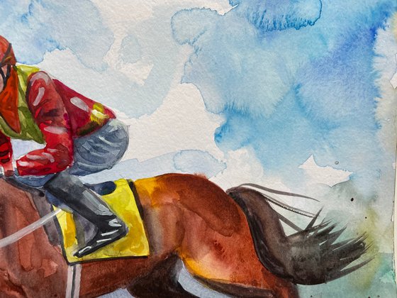 Horse Watercolor Painting, Horse Racing Original Artwork, Equestrian Sport Picture, Farmhouse Decor