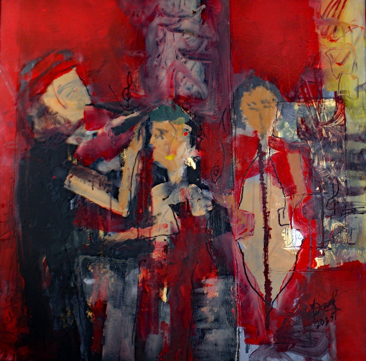 Expressive Portrait Painting By Jacques Donneaud, 31 X 31, Trio Musical, Original Artwork