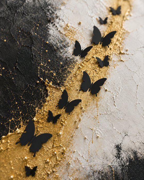 3D Black Butterflies over Abstract Gold