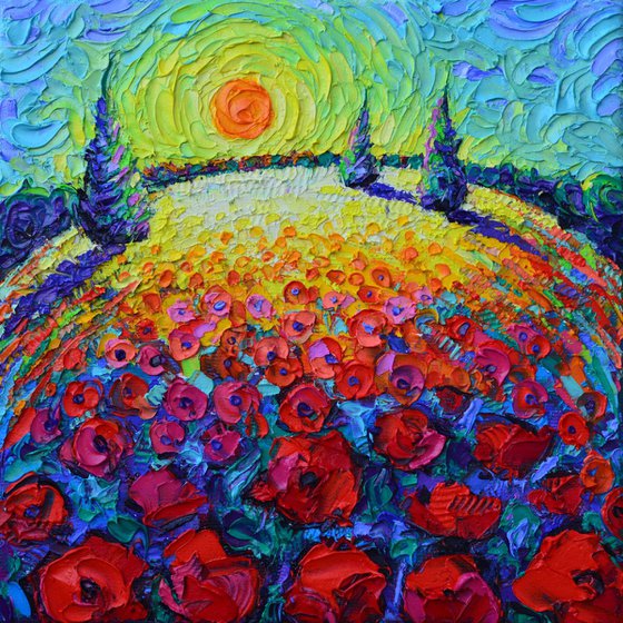 TUSCANY POPPIES ROUNDSCAPE SUNRISE 7 textural impressionist impasto palette knife oil painting by Ana Maria Edulescu