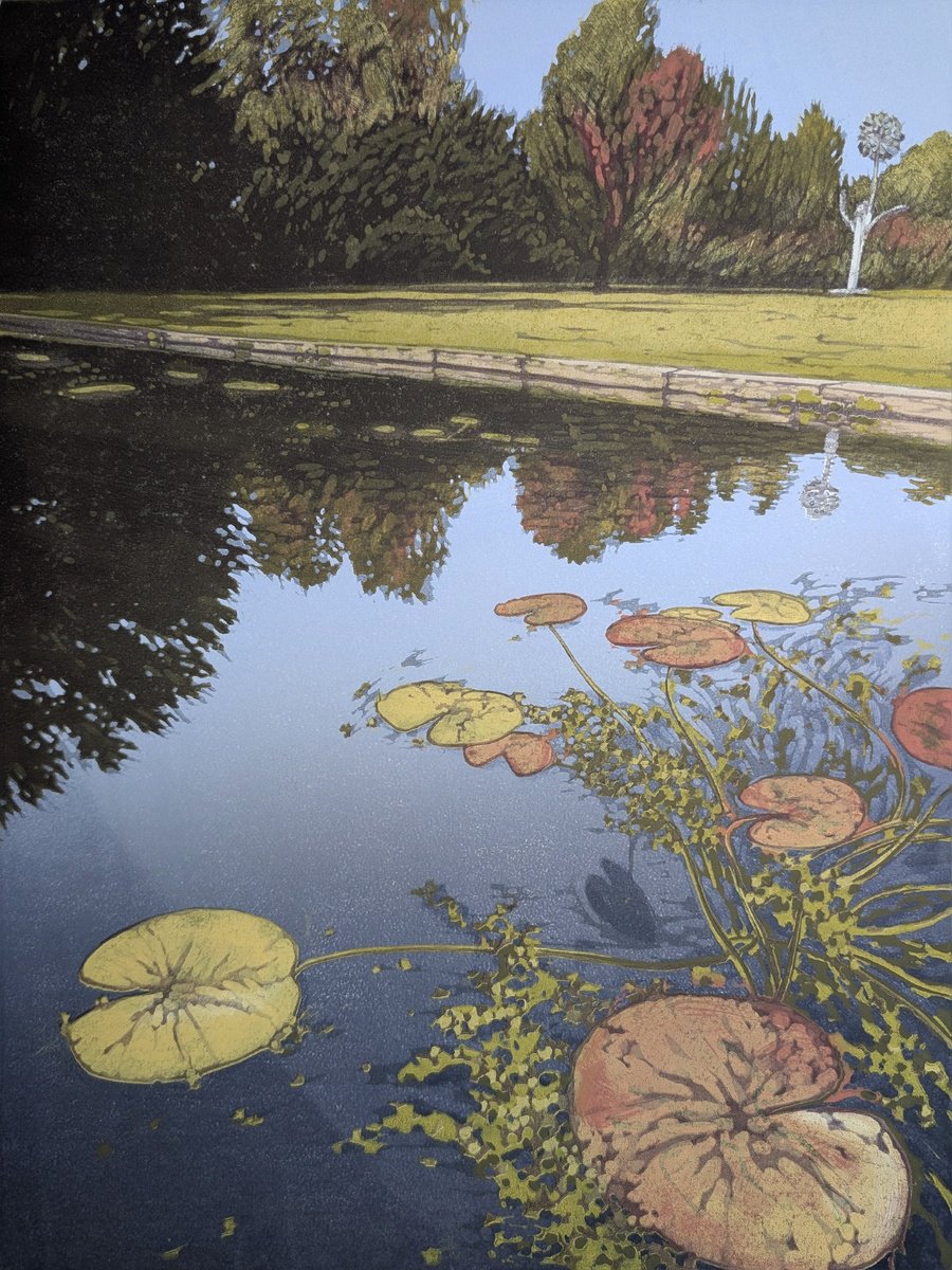 Impressionistic Linocut , Autumn Lily Pond By Alexandra Buckle, 14 X 18, Artwork For Sale On Artfinder