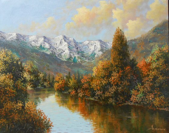 "THE MOUNTAIN RIVER" oil on canvas, landscape, SPECIAL DISCOUNT