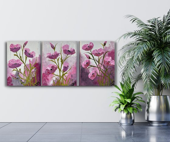 Pink Poppies on a Triptych