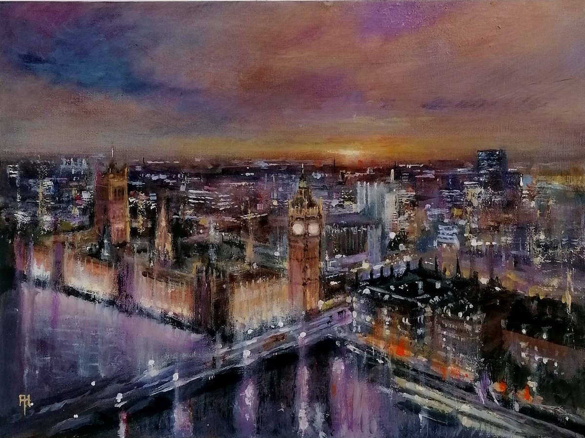 Impressionistic Cityscapes Acrylic Painting By Alan Harris, 16 X 12, Through The Rain, Westminster, Original Artwork