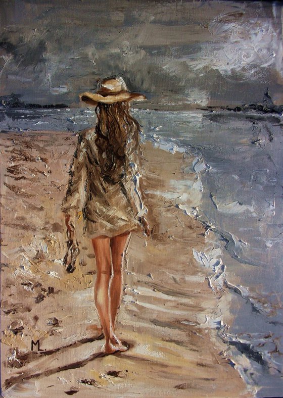 " LONELY WALK ... " SEA original painting palette knife GIFT MODERN URBAN ART OFFICE ART DECOR HOME DECOR GIFT IDEA