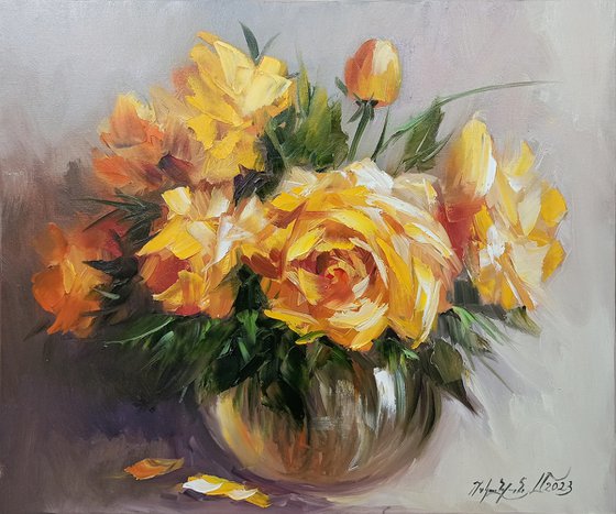 Yellow roses  (50x60cm, oil painting, ready to hang)