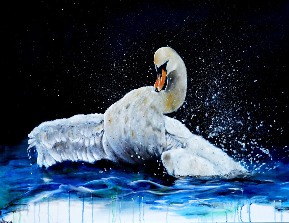 Impressionistic Animal Oil Painting By Antonio Maggio Carluccio, 45 X 35, Midnight Bath, Original Artwork